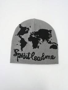 1 件地图图案针织帽，涂鸦时尚百搭帽，适合秋冬，欧盟/美国风格