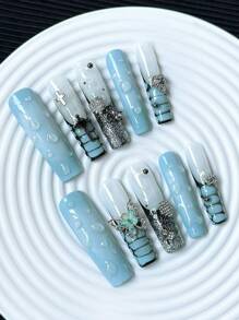 45 毫米超长方形指甲手工按压式指甲带蝴蝶饰物、手绘渐变水滴艺术图案和 3D 撞色设计 - 全覆盖 DIY 闪光人造指甲，10 件/包