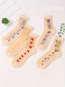 5 Pairs Women Thin Floral Print Mid-Calf Socks, Soft, Breathable, Non-Slip, Suitable For Daily Wear, Summer/Fall