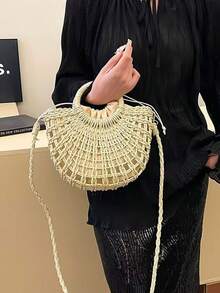 1pc Semi-Circle Woven Drawstring Crossbody Bag For Women, Fashion Holiday Tote Bag Suitable For Travel And Daily Shopping, Eye-Catching Beach Bag Summer, Summer Straw Beach Bag For Women - Khaki - View 4