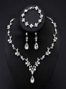 A Set Of 4 Pieces/Pieces Of Fashionable And Elegant Alloy Rhinestone Glass Necklace, Earrings And Bracelet Jewelry, Suitable For Women's Weddings, Banquets, Balls And Parties