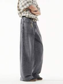 1pc Justice Brother Casual High Street Washed Snowflake Loose Wide-Leg Jeans Pants For Men (Belt And Accessories Not Included) - Grey - View 4
