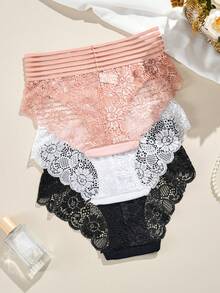 3pcs/Pack Women's Sheer Drawstring High Waist Panties, Sexy Lace Thong - Multicolor - View 2