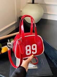 时尚新款女士手提保龄球包，简约别致的数字印花纯色 PU 涂层，带有金属装饰，底部铆钉装饰，双拉链开口，轻巧宽敞，适合旅行、购物、约会