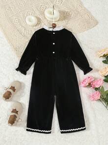 Autumn/Winter Baby Girls Floral Collar Long Sleeve Romper, Toddler Girls Casual Round Neck Jumpsuit