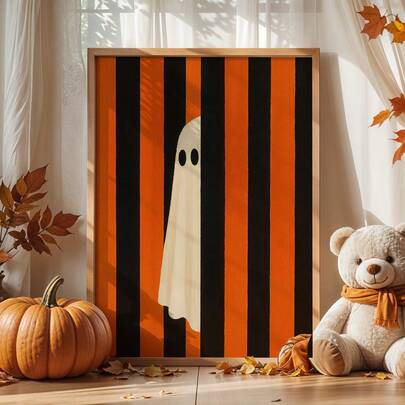 1pc, Unframed, Halloween Ghost Art Print, Retro Fall Ghost Decor, Orange Black Striped Wall Art, Cozy Spooky Decor Poster, Autumn Wall Decor, Bathroom Decor, Canvas Art For Living Room, Bedroom, Kitchen, Office, Cafe, Bar, Dorm, Hallway, Home And Room Decoration Home Decor Halloween Decor Fall Decor