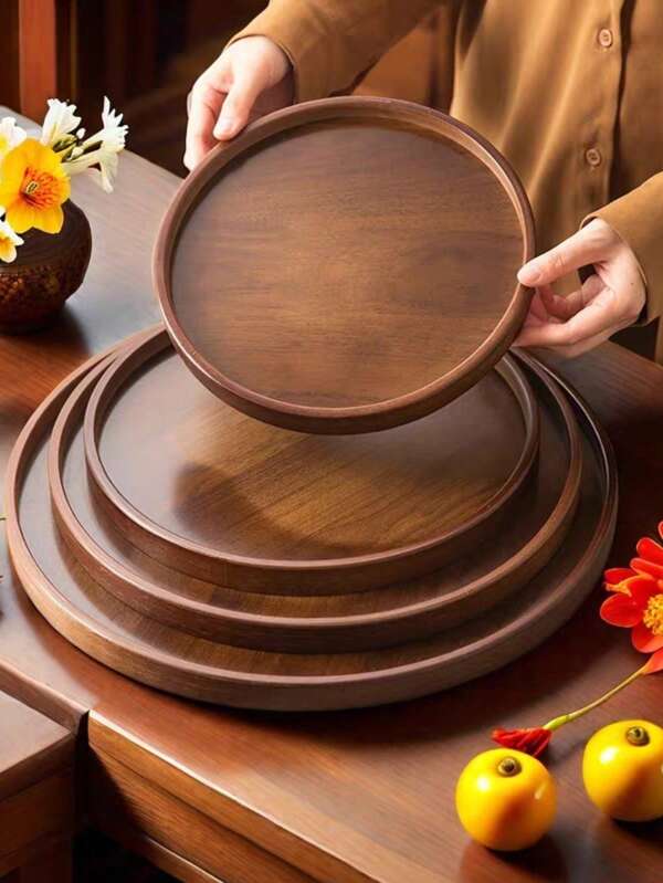1pc Walnut Round Serving Tray, For Snacks, Desserts, Cookies, Applicable For Multiple Occasions