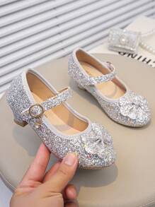1 paire de chaussures à talons hauts avec nœud paillettes pour filles, nouvelles chaussures de princesse élégantes pour le printemps/été, polyvalentes et confortables, convenant aux représentations, défilés et occasions formelles, avec fermeture à boucle et à crochet réglable