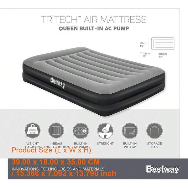 Queen Size 2.0 X 1.52m X 46cm Tritech Air Mattress With Built-In AC Pump For Ultimate Comfort & Convenience