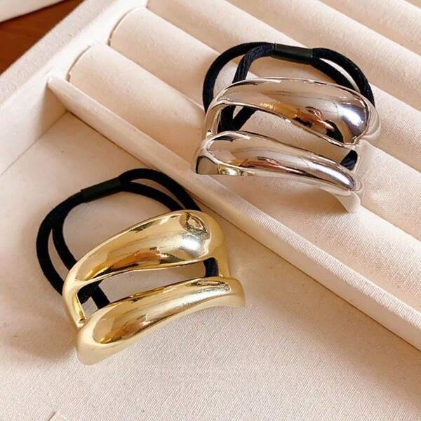 1/2 pezzi Elegante Cerchietto in metallo dorato semplice, cinturino in pelle con forma curva e stile scuro e divertente, accessorio da donna per capelli con codino alto di lusso, semplice e chic, piccolo nodo lucido, codino a cupola, cinturino stretto a cono di pino, accessori per capelli da donna, cerchietto dorato asimmetrico ed elegante, resistente al colore e all'usura, lega di alta qualità, fermaglio per capelli alto, elastici per capelli, cerchietti, fasce per capelli, accessori per capelli di alta gamma
