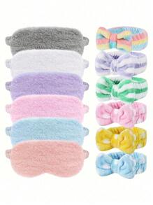 2 件/套返校毛绒睡眠眼罩和蝴蝶结头带套装，柔软涤纶亚克力绒毛遮阳罩，弹性头带，无电源派对礼物，适合水疗、睡衣派对和单身派对用品，适合旅行、办公室、飞机、火车、私家车、户外休息、化妆、洗漱用品，1 套（2 件）洗面奶头带眼罩，随机颜色旅行必备度假睡眠面罩