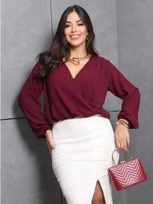 Wrap Blouse Dune Fabric New Women's Fashion! Simple Wool Crossed Daily Women's T-Shirts - 酒紅色 - 查看 4