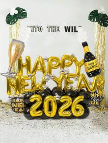 65pcs/Set HAPPY NEW YEAR 2026 Gold New Year Party Decorations, 16" Gold Letter Foil Balloon Banner, Giant Champagne Bottle & Glass Balloons, 18" Black & Gold Star/Round Celebration Balloons, 10" Black Latex Balloons, 5" Silver Star Balloons, For Christmas, New Year's Eve, New Year Celebration Decor, Room Decoration, Singles Party - 彩色 - 查看 8