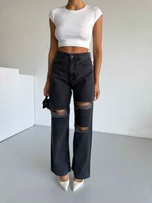 Damen hohe Taille Knie Laser Destroyed Weite Hose, einfarbige Hosentaschen mit Reißverschluss