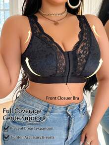 Plus Size Women Contrast Lace Comfortable Wireless Bra - Black - View 3
