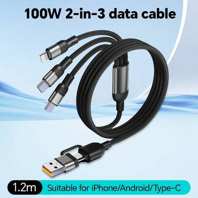 Durcord 三合一 100W(MAX) 快充线，USB A/Type C 转 Lightning 数据线，尼龙编织充电线，通用兼容手机/安卓/Type-C 和 Micro USB 设备，便携式手机充电器，充电线，手机充电器，通用充电器，便携式手机充电器。兼容 16/15/14/13/12/11/S24/S23/S22/S21，兼容华为，通用高效充电适配器