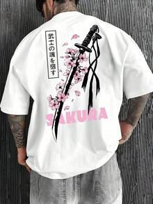 Camisa de manga corta de estilo urbano y moderno 2026, de corte holgado y cuello redondo, con estampado gráfico de espada y cereza para hombre, color negro. - A - Ver 2