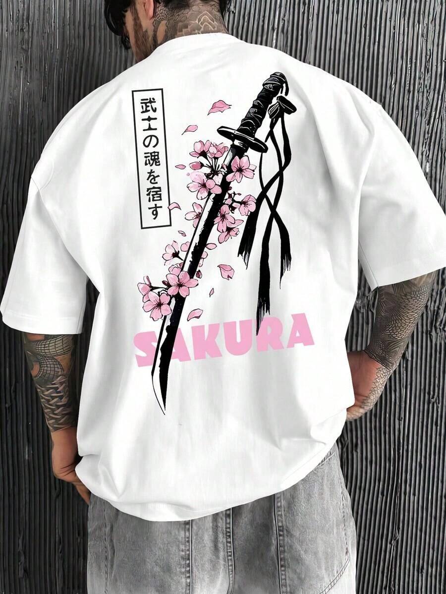 Camisa de manga corta de estilo urbano y moderno 2026, de corte holgado y cuello redondo, con estampado gráfico de espada y cereza para hombre, color negro.