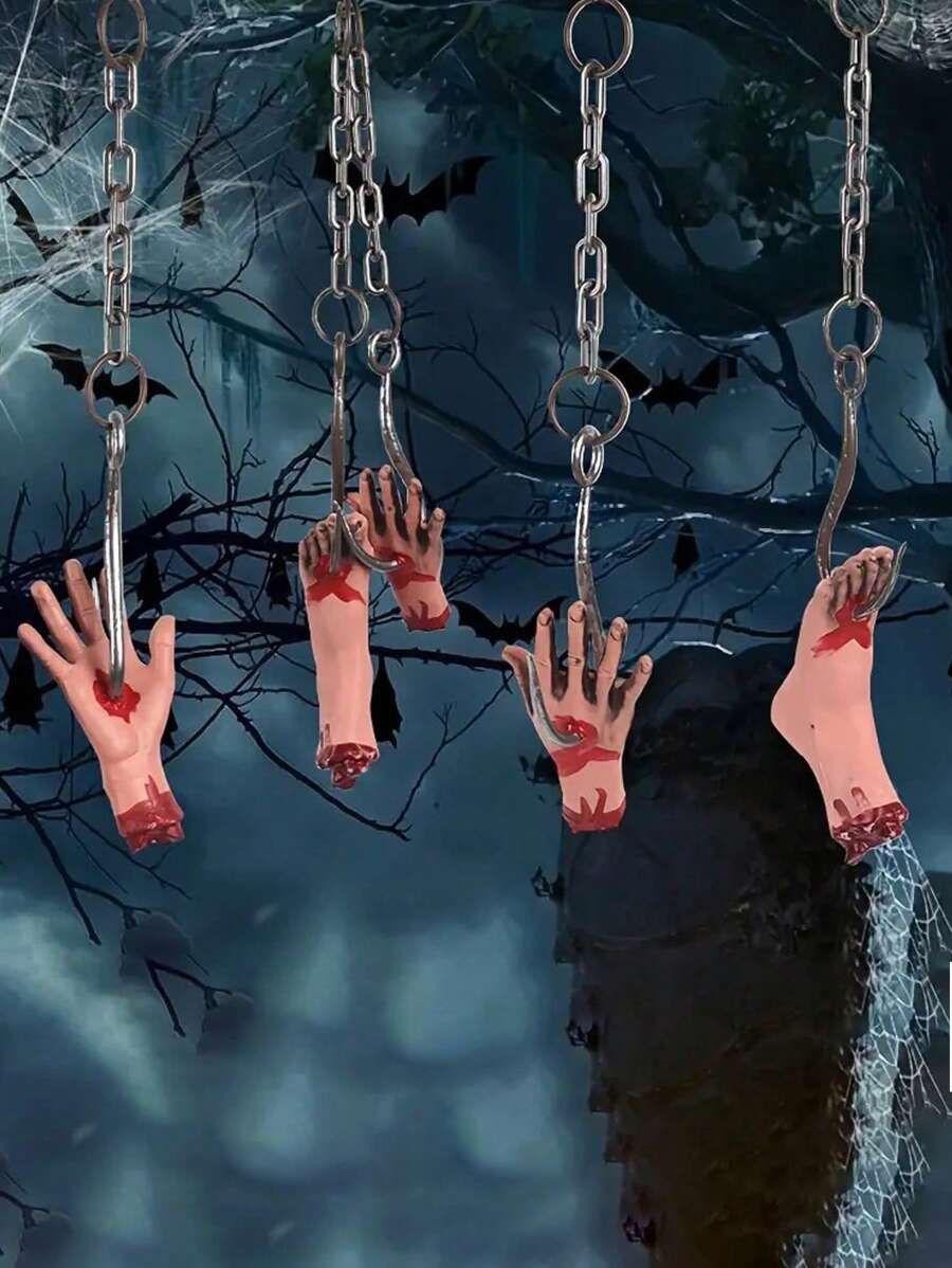 1 Set Halloween Dekorationen Horrorprops Fesseln Haken Abgetrennte Hand Abgetrennter Fuß, Dekorationen für Spukhaus Szene, blutige Horror Halloween Props Gefälschte verstümmelte Gliedmaßen