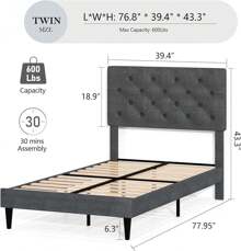 HOMBCK Estructura de cama tapizada con cabecero, estructura de cama de tela de lino con cabecero capitoné, sin somier, fácil montaje, tamaño individual/matrimonial/queen/king, beige/rosa/gris oscuro/gris/azul