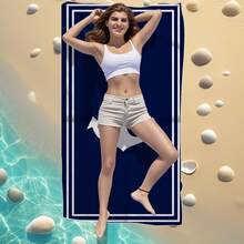 1 件现代海军蓝锚图案沙滩巾，100% 涤纶，快干，超强吸水，可机洗，针织矩形数码印花沙滩巾