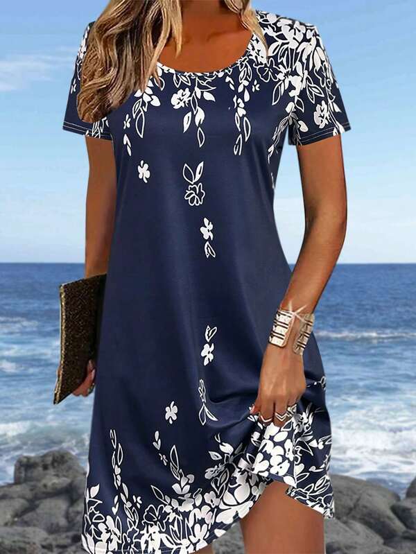 Women's Spring/Summer Lightweight, Elegant, Versatile, Fitted Casual, Vacation, Work Dress With Round Neck, Short Sleeve, Retro, Vacation, Versatile