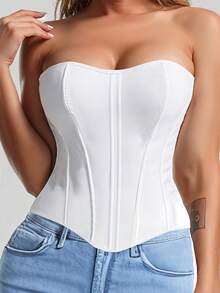 Sexy Corset Top Solid Color Waist Trainer Strapless Off Shoulder Corset Tank Crop Tops Bustier Zipper Push Up Sexy Underbust Top Overbust Corselet Backless Sexy Going Out Party Halloween Club Top Underwear Christmas - White - View 3