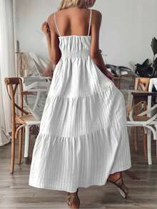 Vestido Liso Para Mujer Con Tirantes,Vestido Con Cintura Fruncida Y Elástico, Vestido Largo Con Ribete Fruncido - Blanco - Ver 2