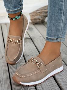 女士平底乐福鞋，时尚金属扣装饰女士休闲一脚蹬鞋，舒适妈妈/学生装 - 杏色 - 查看 4
