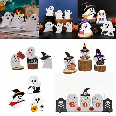 3/4 PCS Cute Halloween Decorations Indoor - Halloween Decor/Ghost Decor, Wooden Ghost Halloween Signs For Table, Office Desk, Tiered Tray, Fireplace Mantle - Spooky Halloween Ghost Decorations