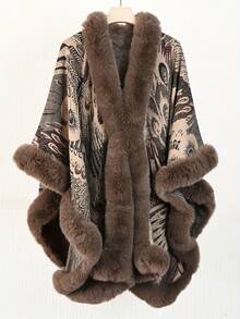 Xale Poncho Tricotado com Design de Pena de Pavão Elegante, Novo, Quente, Confortável e Respirável, Xale Grosso Vintage para Outono/Inverno, Combinado com Borda de Pele Sintética Macia para Vestido