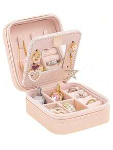 1 个矩形珠宝盒 PU 珠宝收纳盒迷你便携式珠宝盒适用于整理和存放戒指、项链、吊坠、耳环、口红、手表和时尚珠宝，情人节返校礼物 - 粉色 - 查看 18