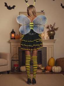 Women Halloween Bee Costume Set Sleeveless Cami Bodysuit Mini Dress + Cute Headband + Mesh Fairy Wing + Socks + Gloves 5 Piece Dress Up Cosplay Party Costume Halloween Cosplay Outfit - 黃色 - 查看 2