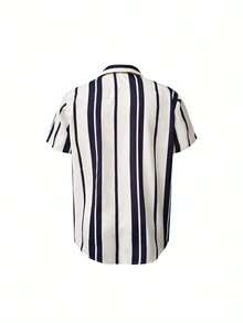Men's Colorblock Vertical Stripe Front Button Short Sleeve Shirt, Summer - Multicolor - View 3