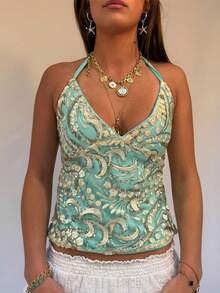 Women Sequin Halter Top Rhinestone Sparkle Sleeveless V Neck Open Back Summer Crop Tank Tops Party Clubwear - Mint Green - View 1
