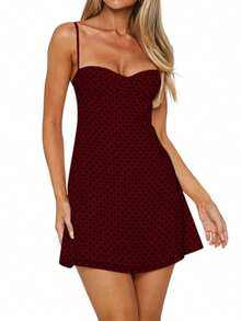 Women's Dots Print Mini Dress Sleeveless Spaghetti Strap A-Line Dress Summer Casual Dress - 酒紅色 - 查看 2