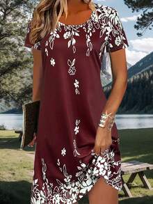 新款轻盈优雅女式休闲度假修身连衣裙，适合外出、居家、旅行、工作，春夏百搭短袖复古度假连衣裙 - 酒紅色 - 查看 2