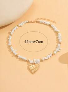 1pc Summer Boho White Natural Stone CCB Handmade Beaded Choker Necklace With Liquid Heart Alloy Pendant, Fashion Versatile Suitable For Daily, Vacation, Party, Date Wear. The Shape And Size Of The Stones Are Random.