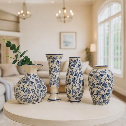 Elegant High-End Blue And White Porcelain Vase, New Chinese Style Office/Home Decor Accessories, Suitable For Living Room, Bedroom, Study Room Vase Or