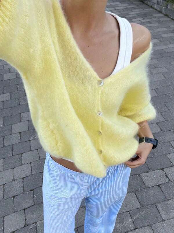 Back To School Button-Up Cardigan Sweater In Butter Yellow Color, Fashion Outdoor Leisure Travel Outfit Option, Spring/Summer