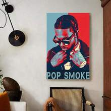 Póster de lienzo enmarcado del rapero Pop Smoke - Arte de pared estiloso, retrato en vibrante azul y rojo con el texto "POP SMOKE", ideal para la decoración del dormitorio, oficina, sala de estar y dormitorio - Enmarcado - Ver 2