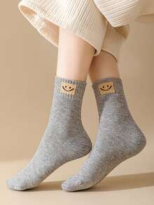 5双女士厚毛绒袜子，随机纯色，几何图案和面部图案，优雅舒适，适合秋冬季日常休闲穿着 - 彩色 - 查看 7