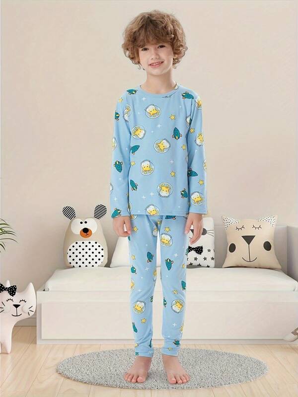 2pcs Cute Cartoon Giraffe Printing Boys Pajamas Set Blue Crew Neck Lightweight Spring Summer Autumn Casual Long-Sleeve Pajama With Long Pants Casual Homewear For 3-7 Years Old Loungewear Set