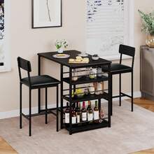 3 Piece Breakfast Bar Table Set, Bar Table And Chairs Set  Industrial Bar Table Set With Storage Shelves Space Saving Bar Table And PU Leather Stools For 2 - Black - View 2