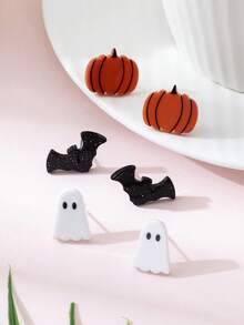 3 Cặp/Bộ Hoa tai đinh hình ma, dơi, bí ngô Halloween dành cho nữ, thích hợp để trang trí và đeo trong lễ hội - Nhiều màu - Xem 3