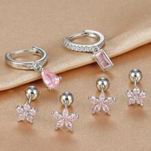 3pcs Square Pink Zirconia Flower Earrings Set For Women 18K Gold Plated Stainless Steel And Copper Helix Screw Cartilage Piercing Party Jewelry Accessories Valentines,Mom,Mother,Mother's Day,Gift