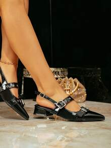 Women's, All - Season Adaptable, Black Patent Leather Buckle Backless Shoes, Square Heel No Fatigue, Workplace Commute Ritual, Patent Leather Material, Sleek & Sharp Shoes - Black - View 4