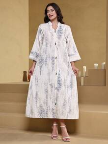 Solessence 刺绣优雅长袍，V领七分袖，时尚阿巴雅，2026年沙特国庆节最新款，白色 - 白色 - 查看 8