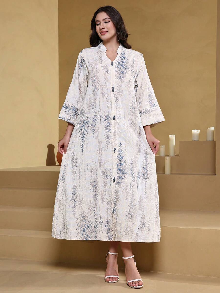 ASBB 3D列印隨機刺繡阿拉伯女式JALABIYA長裙，假鈕扣V領時尚白色優雅洋裝，2026春夏休閒穿搭，沙烏地阿拉伯國慶服飾