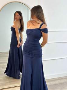 Sexy Asymmetrical Neck Ruched Side Slit Bodycon Cocktail Dress - Navy Blue - View 4